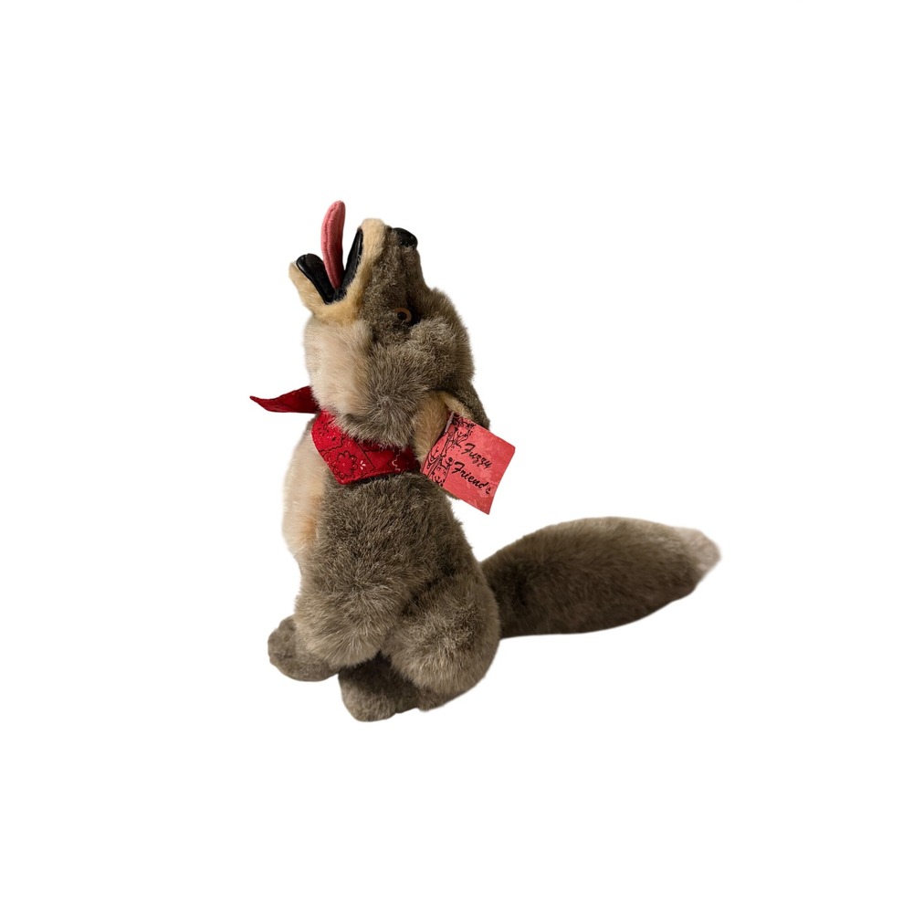 Vintage Fuzzy Friends Howling Wolf Plush Stuffed Animal with Red Bandana Grey